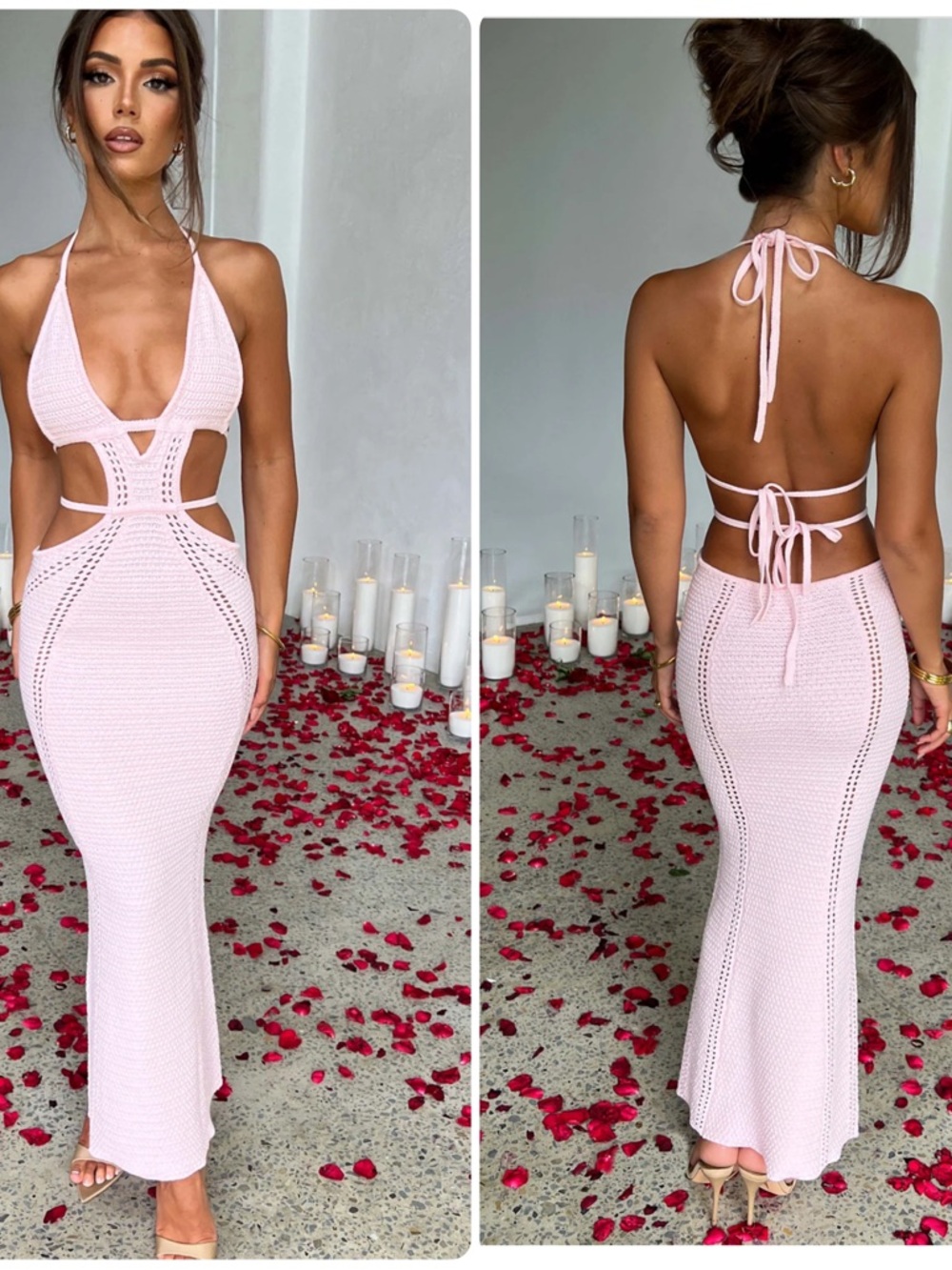 Pink knit crochet maxi dress